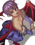  1girl absurdres ass breasts head_wings highres lilith_aensland moxydraws open_mouth purple_hair red_eyes shadow simple_background small_breasts solo teeth upper_teeth_only vampire_(game) white_background wings 