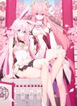  2girls animal_ears blue_eyes blue_sky blurry blurry_background breasts cherry_blossoms china_dress chinese_clothes closed_mouth company_connection detached_sleeves dress earrings fox_ears genshin_impact hair_ornament high_heels highres honkai_(series) honkai_impact_3rd japanese_clothes jewelry long_hair looking_at_viewer mihoyo multiple_girls name_connection nami_qi nontraditional_miko outdoors pink_hair sakura_ayane sitting sky smile trait_connection voice_actor_connection white_dress white_footwear white_sleeves yae_miko yae_sakura 
