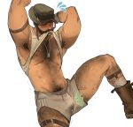  1boy armpit_hair armpits bara beard blush boots brown_footwear call_of_duty call_of_duty:_modern_warfare_2 captain_price chest_hair chris_sdd clothes_lift facial_hair grey_shorts hat highres large_pectorals leg_hair male_focus male_pubic_hair muscular muscular_male navel nipples pectorals pubic_hair shorts simple_background solo tank_top white_background white_tank_top 