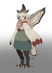  1girl artist_name beak bird_girl bird_legs bird_mask bird_tail bird_wings black_thighhighs blue_shorts brown_cape brown_hair brown_wings cape claws commentary cropped_jacket crossed_bangs digitigrade fake_claws from_side full_body fur_cape furry furry_female gradient_background grey_background hair_flaps highres jacket keldel looking_at_viewer mask mask_around_neck multicolored_hair orange_eyes original owl_girl owl_mask short_hair shorts simple_background sleeves_past_fingers sleeves_past_wrists solo standing symbol-only_commentary tail talons thighhighs toeless_legwear unworn_mask white_background white_hair white_jacket wings 