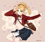  bag black_skirt blonde_hair cowboy_shot fate_(series) flower green_eyes hair_ribbon highres jacket jewelry looking_at_viewer midriff mordred_(fate) necklace ponytail ribbon rizu033 shorts shoulder_bag skirt smile v 