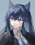  1girl animal_ear_fluff animal_ears arknights black_hair black_jacket blue_eyes blue_necktie closed_mouth collared_shirt commentary_request food food_in_mouth grey_background hair_between_eyes highres jacket long_hair looking_to_the_side mouth_hold necktie pocky rin_(ryne_0303) shirt simple_background solo texas_(arknights) texas_the_omertosa_(arknights) upper_body white_shirt 