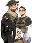  4boys absurdres aqua-tinted_eyewear baseball_cap beard black_gloves black_hair black_pants black_shirt brown_hair bulletproof_vest call_of_duty call_of_duty:_modern_warfare_2 captain_price closed_mouth coni0771 dark-skinned_male dark_skin facial_hair gaz_(call_of_duty_4) ghost_(modern_warfare_2) gloves hat heart heart-shaped_eyewear highres male_focus mask multiple_boys one_eye_closed orange-tinted_eyewear pants pink-tinted_eyewear red-tinted_eyewear shirt simple_background skull_mask smile soap_(modern_warfare_2) sunglasses tinted_eyewear v white_background white_shirt 