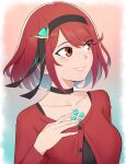  1girl black_shirt breasts choker collarbone edmonmondo gem hairband highres looking_to_the_side medium_breasts pyra_(xenoblade) red_eyes red_hair red_shirt shirt solo xenoblade_chronicles_(series) xenoblade_chronicles_2 