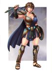  1girl armor blue_eyes blue_headband breasts brown_hair cape cleavage clenched_hand commission english_commentary erkaz gladiator gladiator_sandals headband highres holding holding_knife holding_shield knife large_breasts looking_at_viewer original parted_lips sandals shield short_hair smirk solo standing 