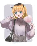  1girl artist_name bag black_bag blonde_hair blue_eyes boykoooo checkered_clothes checkered_skirt cotton_candy demon_horns earrings fake_horns fang food grey_sweater handbag holding holding_food horns jewelry long_sleeves memcho multicolored_hair oshi_no_ko roots_(hair) short_hair skirt smile solo suspender_skirt suspenders sweater turtleneck turtleneck_sweater v 