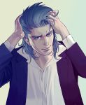  1boy 2bro. adjusting_hair anija_(2bro.) blue_eyes blue_hair long_sleeves looking_at_viewer male_focus medium_hair shirt simple_background solo upper_body white_shirt zangiri-head 