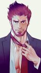  1boy 2bro. adjusting_clothes adjusting_necktie facial_hair formal hand_up long_sleeves looking_at_viewer male_focus necktie open_clothes open_shirt otoja red_hair red_neckwear shirt solo spiked_hair stubble suit white_background zangiri-head 