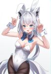  1girl :d absurdres animal_ears bare_shoulders black_pantyhose blue_bow blue_bowtie blue_eyes bow bowtie braid breasts cleavage detached_collar fake_animal_ears fox_ears fox_girl grey_hair highres hololive index_finger_raised kumarang long_hair looking_at_viewer medium_breasts open_mouth pantyhose rabbit_ears shirakami_fubuki single_braid smile solo virtual_youtuber 