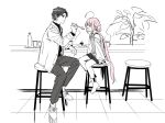  1boy 1girl ahoge bar_stool boots cardigan_vest closed_eyes couple feeding hetero holding holding_spoon jacket kise_itsuki long_hair monochrome open_mouth original pink_hair sitting sketch skirt spoon spot_color stool very_long_hair 