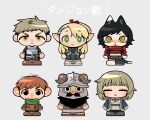  3boys 3girls animal_ears armor beard black_eyes blonde_hair cat_ears cat_girl cat_tail chibi chilchuck_tims closed_eyes dungeon_meshi elf facial_hair falin_thorden full_body helm helmet highres izutsumi jjjjtaaaku laios_thorden marcille_donato midriff multiple_boys multiple_girls mustache open_mouth orange_hair pointy_ears scarf senshi_(dungeon_meshi) short_hair smile tail yellow_eyes 