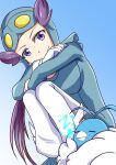  1girl absurdres bird blue_suit blue_unitard closed_eyes crossed_arms gloves goggles goggles_on_head highres long_hair long_sleeves negimiso1989 on_ground pilot_helmet pilot_suit pokemon pokemon_(creature) pokemon_oras ponytail purple_eyes purple_hair sitting sleeping suit swablu unitard white_gloves winona_(pokemon) zzz 