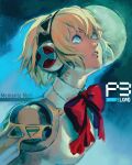  1girl absurdres aegis_(persona) android artist_name blonde_hair blue_background blue_eyes bow commentary copyright_name english_commentary eyelashes full_moon headphones highres kornart looking_up moon parted_lips persona persona_3 persona_3_reload red_bow short_hair solo twitter_username upper_body 