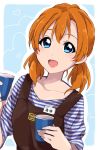  1girl :d apron blue_background blue_eyes blue_shirt blush border brown_apron cup holding holding_cup kousaka_honoka long_sleeves looking_at_viewer love_live! love_live!_school_idol_project low_twintails name_tag open_mouth orange_hair outline sekina shirt smile solo striped striped_shirt twintails upper_body white_border white_outline 