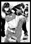  1boy 1girl arms_up breasts denim glasses greyscale hachinuki_tetsuyo highres jeans looking_at_viewer midriff monochrome multiple_views pants school_uniform shoes sneakers tongue tongue_out 