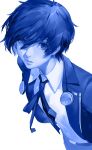  1boy blazpu blue_theme collared_shirt gekkoukan_high_school_uniform hair_between_eyes highres jacket looking_at_viewer male_focus neck_ribbon open_clothes open_jacket parted_lips persona persona_3 ribbon school_uniform shirt simple_background solo upper_body yuuki_makoto_(persona_3) 