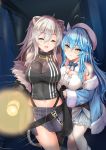  2girls :d :t ^_^ ahoge animal_ear_fluff animal_ears arm_hug bangs bare_shoulders beret black_jacket black_shirt blue_hair blue_jacket blue_skirt blush braid breasts brown_eyes center_frills cleavage cleavage_cutout closed_eyes closed_mouth clothing_cutout ear_piercing eyebrows_visible_through_hair fangs flashlight frilled_skirt frills fur-trimmed_jacket fur-trimmed_sleeves fur_trim grey_skirt hair_between_eyes hat heart_ahoge highres holding hololive indoors jacket large_breasts lion_ears lion_girl lion_tail long_hair long_sleeves looking_at_another miyuki_rei multiple_girls off_shoulder open_clothes open_jacket open_mouth piercing pointy_ears pout shirt shishiro_botan silver_hair skirt sleeveless sleeveless_shirt sleeves_past_wrists smile sweat tail tears v-shaped_eyebrows very_long_hair virtual_youtuber white_headwear white_shirt wide_sleeves yukihana_lamy 