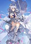  1girl armor armored_boots boots breasts cleavage demon_horns demon_wings dual_wielding duel_monster gauntlets grey_hair high_heels holding holding_sword holding_weapon horns lady_labrynth_of_the_silver_castle large_breasts long_hair lovely_labrynth_of_the_silver_castle low_wings multiple_persona open_mouth red_cucumber sideboob standing standing_on_one_leg sword thighs weapon wings yu-gi-oh! 