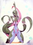  025aki 2020 abstract_background anthro anthrofied arms_above_head breasts featureless_breasts featureless_crotch female hi_res kneeling long_tail looking_at_viewer nintendo open_mouth pok&eacute;mon pok&eacute;mon_(species) purple_eyes salazzle skinny small_waist smile solo thick_thighs traditional_media_(artwork) video_games wide_hips 