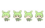  1girl :3 ^_^ brown_eyes buttons chibi chibi_only closed_eyes expressions full_body green_hair green_pants highres jitome long_hair looking_at_viewer multiple_views open_mouth pants simple_background smile standing suspenders tareme tox_(toxdetox) v-shaped_eyebrows voicevox white_background zundamon 