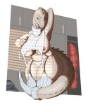 absurd_res anthro arttukorppu big_breasts breasts clothed clothing curvy_figure dinosaur female furgonomics garter_straps hand_behind_head hi_res huge_breasts iguanodon iguanodontid legwear looking_at_viewer nipple_slip ornithischian partially_clothed reptile scales scalie skimpy slightly_chubby solo spiked_tail spikes spikes_(anatomy) sweater tail tail_clothing tan_body tan_scales thick_thighs thigh_highs topwear turtleneck virgin_destroyer_sweater voluptuous_female wide_hips