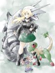  1girl aggron artist_self-insert black_choker black_footwear black_shirt blonde_hair blue_eyes breloom choker closed_mouth commentary english_commentary full_body greatmothsucks green_skirt hand_on_own_hip highres lileep long_hair looking_at_viewer original pokemon pokemon_(creature) shirt skirt standing 