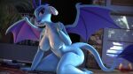 3d_(artwork) absurd_res anthro areola blue_body blue_scales breasts digital_media_(artwork) dragon feet female friendship_is_magic hasbro hi_res horn humanoid_feet kneeling loveslove membrane_(anatomy) membranous_wings my_little_pony nipples non-mammal_breasts non-mammal_nipples nude plantigrade pose princess_ember_(mlp) scales wings