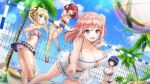  4girls bare_legs barefoot beach beach_volleyball bikini blonde_hair blue_eyes blue_hair blue_sky cloud dead_or_alive dead_or_alive_xtreme dolphin_wave frilled_skirt frills green_eyes hair_between_eyes hair_intakes hair_ornament hair_ribbon hairclip highres honoka_(doa) marie_rose multiple_girls official_art ootomo_takuji open_mouth palm_tree pink_hair pleated_skirt red_eyes red_hair ribbon sakimiya_iruka short_hair side_ponytail skirt sky striped_bikini striped_clothes swimsuit tojou_michiru tree twintails volleyball_net 