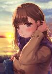  1girl bag blush brown_hair coat duffel_coat hair_tucking highres long_hair long_sleeves looking_at_viewer mocchimugi original outdoors plaid plaid_scarf purple_eyes scarf school_bag sky smile sunset upper_body water 