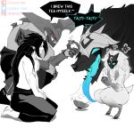  1boy 1girl animal_ears barefoot blue_tongue body_fur colored_tongue cup demon_boy demon_horns english_text furry furry_female green_eyes highres horns kayn_(league_of_legends) kindred_(league_of_legends) lamb_(league_of_legends) league_of_legends long_hair mask odeko_yma open_mouth pants red_eyes rhaast seiza sharp_teeth sheep_ears sheep_tail sitting speech_bubble squatting tail teeth tongue tongue_out topless wolf_(league_of_legends) 