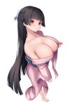  1girl areola_slip barefoot black_hair blunt_bangs blush breasts cleavage collarbone defaultkavy head_tilt highres japanese_clothes kimono large_breasts long_hair looking_at_viewer pink_kimono red_eyes simple_background white_background 