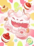  absurdres biscuit_(bread) closed_eyes commentary_request fangs food fruit full_body happy highres korean_commentary no_humans open_mouth pokemon pokemon_(creature) raid_(donghyeok) solo strawberry swirlix tongue tongue_out 