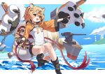 1girl :d absurdres animal_ears azur_lane black_gloves black_hair black_shorts black_socks breasts brown_eyes commentary_request fang fingerless_gloves foot_out_of_frame gloves highres hu_pen_(azur_lane) marimo_daifuku multicolored_hair open_mouth orange_hair pointing rigging shirt short_hair short_shorts shorts skin_fang small_breasts smile socks soles solo streaked_hair tail tiger_ears tiger_girl tiger_tail toeless_legwear toes white_shirt 