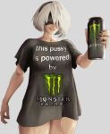 1girl 2b_(nier:automata) black_blindfold black_hairband black_shirt blindfold breasts can covered_eyes drink_can english_commentary fingernails hairband highres holding holding_can lips looking_at_viewer meme_attire mole mole_under_mouth monster_energy nier:automata nier_(series) no_pants oversized_clothes oversized_shirt shirt short_hair short_sleeves simple_background smile solo straight-on t-shirt thick_thighs thighs very_short_hair white_background white_hair yoracrab 