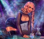  1girl alien artist_name black_dress black_footwear boots breasts cleavage colored_skin dress glass indoors lekku_(anatomy) looking_at_viewer medium_breasts myks0 original pink_skin red_lips solo star_wars thigh_boots twi&#039;lek yellow_eyes 