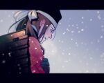  1boy akatsuki_wo_tsugu armor black_headwear brown_hair cold from_side galadecaras gloves hand_on_own_arm japanese_armor japanese_clothes letterboxed long_hair looking_down male_focus minamoto_no_yoshitsune parted_lips snowing solo 
