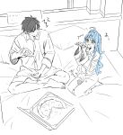  1boy 1girl ahoge black_hair blue_hair blush couple food highres kise_itsuki monochrome on_bed open_mouth original pajamas pizza sitting sketch spot_color yellow_eyes 