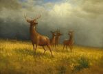 1885 19th_century 2_horns albert_bierstadt ancient_art antlers black_eyes black_nose brown_body brown_ears brown_fur cloud day deer female feral fur grass group head_turned hi_res horn male mammal outside pink_inner_ear plant quadruped sky snout standing unguligrade white_antlers white_inner_ear