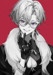  1boy absurdres aventurine_(honkai:_star_rail) bracelet clothing_cutout earrings fur_trim glasses gloves heart_cutout highres honkai:_star_rail honkai_(series) jewelry looking_at_viewer male_focus neck_tattoo pectoral_cleavage pectorals red_background ring sakura11587158 short_hair simple_background solo tattoo upper_body 