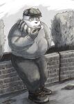 2024 anthro aotadobukitch bear belly big_belly bottomwear cellphone clothing detailed_background electronics giant_panda hat headgear headwear hi_res kemono male mammal outside overweight overweight_male pants phone plant scarf smartphone solo sweater topwear tree