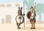 armor brown_body brown_fur carthage_(culture) digitigrade duo felid feline fur grivies hi_res hyena male mammal melee_weapon orange_body orange_fur palm_tree plant polearm pottery serval shield spear tree weapon