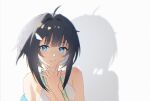  1girl ahoge ai_(zerozeronii) arknights bikini black_hair blue_eyes blush closed_mouth collarbone hair_intakes hand_on_own_face hand_up highres la_pluma_(arknights) la_pluma_(summer_flowers)_(arknights) long_bangs looking_at_viewer medium_hair off_shoulder shadow sidelocks simple_background smile solo squishing swimsuit upper_body white_background white_bikini wing_hair_ornament 