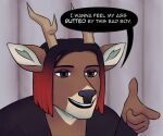anthro antlers brown_body brown_eyes brown_fur close-up clothing comic_panel david_reyundo_(li&#039;l_melon) deer dialogue english_text eyeshadow fur gesture girly hair half-closed_eyes headshot_portrait horn lawsonia leaning leaning_forward makeup male mammal narrowed_eyes pointing pointing_forward portrait red_hair shirt smile solo speech_bubble strays_in_paradise suggestive text topwear