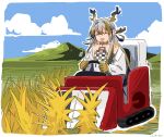  1girl :d arknights bare_shoulders blue_hair blue_sky border closed_eyes cloud colored_skin combine_harvester day donki_(yeah) dot_nose dragon_girl dragon_horns driving earrings facing_viewer field green_hair grey_hair hair_between_eyes hair_intakes highres horns jacket jewelry mountainous_horizon multicolored_hair necklace off_shoulder open_clothes open_jacket open_mouth outdoors pointy_ears rice_(plant) shirt shu_(arknights) sidelocks sky smile solo strapless strapless_shirt streaked_hair tassel tassel_earrings twitter_username upper_body white_border white_jacket white_shirt 