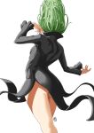  1girl ass automatic_giraffe black_dress breasts cowboy_shot dress facing_away from_behind hair_up hands_up highres long_sleeves one-punch_man simple_background small_breasts solo tatsumaki white_background 