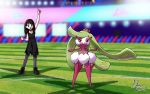  2020 absurd_res anonymous_artist arena black_hair clothing detailed_background duo female fighting_pose gloria_(pok&eacute;mon) grass green_eyes hair hi_res human lights mammal nintendo open_mouth pok&eacute;mon pok&eacute;mon_(species) pose purple_body purple_eyes purple_skin stadium tsareena video_games white_body 