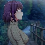  1girl alternate_hair_length alternate_hairstyle artist_name beige_sweater blurry blurry_background commentary depth_of_field doki_doki_literature_club english_commentary expressionless from_side hair_ornament hairclip highres kanarin6 looking_away outdoors profile purple_eyes purple_hair railing ribbed_sweater short_hair solo sweater turtleneck turtleneck_sweater upper_body yuri_(doki_doki_literature_club) 