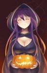  1girl ^_^ bangs breasts closed_eyes commentary doki_doki_literature_club english_commentary eyebrows_visible_through_hair facing_viewer hair_between_eyes halloween highres holding_jack-o&#039;-lantern hood hood_up hooded_robe jack-o&#039;-lantern large_breasts long_hair pumpkin purple_hair purple_nails silk simple_background smile solo spider_web spiffydc twitter_username wide_sleeves yuri_(doki_doki_literature_club) 