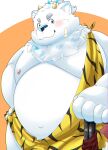 2024 anthro band-aid bandage belly big_belly blush bulge canid canine canis clothed clothing domestic_dog fur hi_res kemono lifewonders live_a_hero male mammal moobs nipples overweight overweight_male setsubun simple_background solo tolsche white_body white_fur yohack