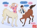 anime blonde_hair brown_body brown_fur brown_hair brush brushing brushing_hair butt button_down_shirt centaur clothed clothed_taur clothing dialogue duo equid equid_taur equine equine_taur floral_shirt frankly-art fur great_pretender hair hooves humanoid humanoid_taur laurent_thierry_(great_pretender) looking_back_at_self makoto_edamura_(great_pretender) male male/male mammal mammal_taur midriff ogling partially_clothed personal_grooming styling_hair surprise_transformation tail taur topwear transformation vest yellow_body yellow_fur
